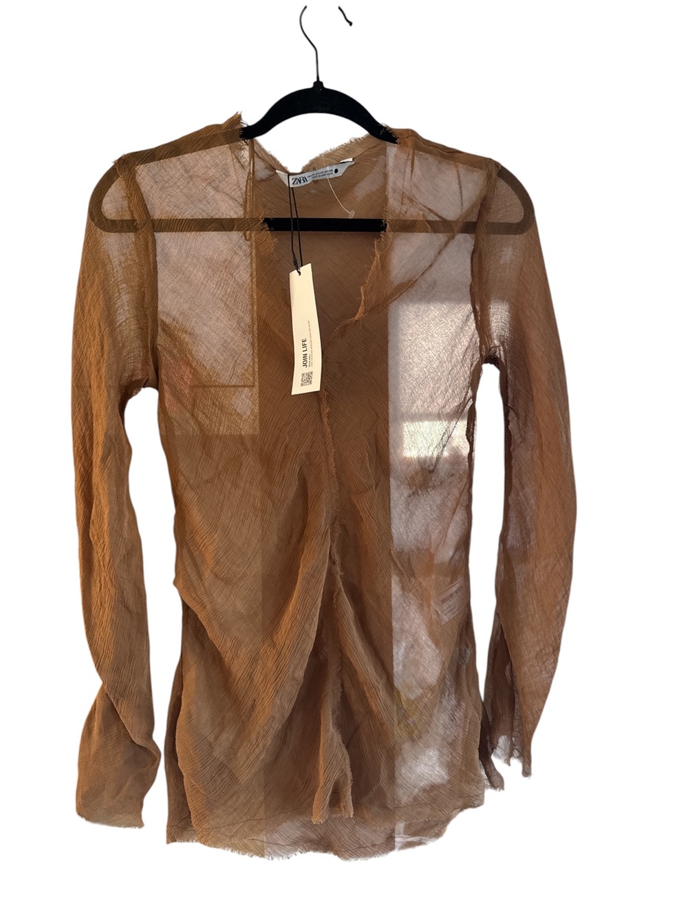 Zara Brown Sheer Long-Sleeve Mesh Top